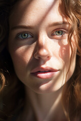 Portrait of a young woman, sunlight and shadows, close-up - Generative AI
