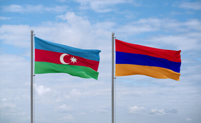 Armenia and Azerbaijan flags, country relationship concept