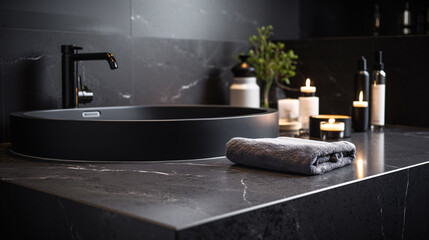 Black bathroom interior design, black washbasin and faucet on black marble counter in modern luxury minimal washroom.