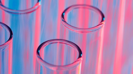 Close up photo neon blue and red light test tubes in a laboratory. Scientific experiment, research, study. Detail shot of lab glassware. © kinomaster