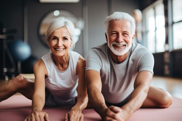 Happy elderly couple in the gym. Health care, fitness and body care concept.