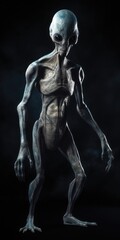 Full body view of scary gray alien with black large glass eyes, isolated on black background. UFO futuristic concept, aliens.