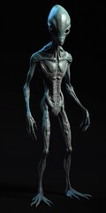 Full body view of scary gray alien with black large glass eyes, isolated on black background. UFO futuristic concept, aliens.
