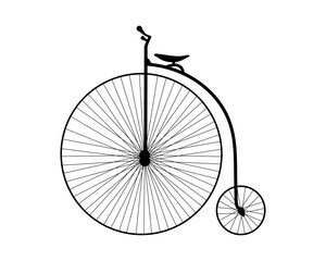 High wheeler bicycle or penny farthing bicycle drawing, black vector silhouette 