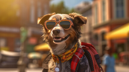 Obraz premium A happy dog wearing cool sunglasses and carrying a backpack on the street