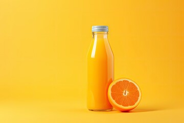 Orange Juice bottle on orange background. - obrazy, fototapety, plakaty