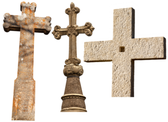 Collection of stone Religious Crosses isolated on white or transparent background, Italy, Europe. Png.