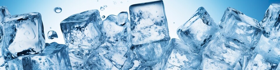 Pieces of ice and water on blue background.