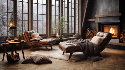 Interior of cozy living room with fireplace and wooden floor. - obrazy, fototapety, plakaty