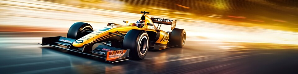 Racing car at high speed. Racer on a racing car passes the track. Motor sports competitive team racing. Motion blur background. - obrazy, fototapety, plakaty