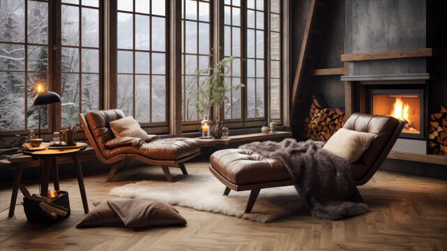 Interior of cozy living room with fireplace and wooden floor.