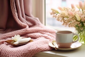 Obraz na płótnie Canvas interior design, Cozy Easter, spring still life scene. Cup of coffee, opened notebook, pink knitted plaid on windowsill. Vintage feminine styled photo. generative ai.