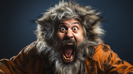 Bearded man in furry werewolf costume howling humorously.