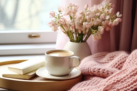 interior design, Cozy Easter, spring still life scene. Cup of coffee, opened notebook, pink knitted plaid on windowsill. Vintage feminine styled photo. generative ai.