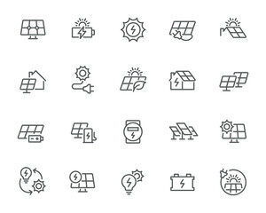 Exclusive Solar Panel Icons for Green Energy, Including Solar Power Plants, Homes with Solar Panels, Charging Stations, Green Electricity. Ready to Use in Your Project
