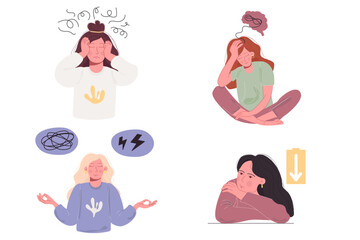 Set of women concept depression. Emotional health