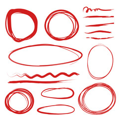 Lines and circles to highlight. Vector illustrations set of sketch highlighter, highlight red marker - obrazy, fototapety, plakaty