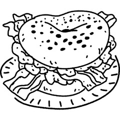 outline bacon egg with bagel for breakfast on plate. cool doodle PNG isolated on transparent background.