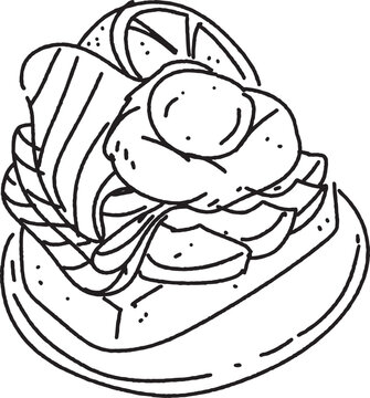 recommend clip art: outline salmon and egg on avocado toast for breakfast on plate. cool doodle vector isolated on transparent background.