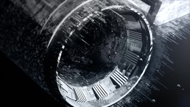 A huge space base with many small spaceships flying in and out.