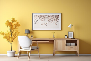 Interior design modern minimal working room yellow theme, interior luxury style, workplace with minimalist, three-dimensional, generative ai.