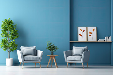 Interior design modern minimal living room with blue theme, interior luxury style, resort or hotel with luxury, three-dimensional, generative ai.