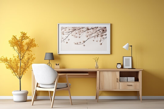 Interior design modern minimal working room yellow theme, interior luxury style, workplace with minimalist, three-dimensional, generative ai.