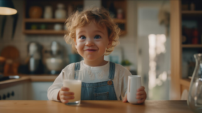 A toddler sipping milk in a kitchen
