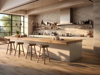 3D rendering of a Scandinavian kitchen in wood and metal, with access to a terrace with large windows, bar stools and an island table