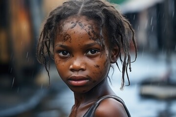 Portrait of a beautiful little african american girl in the rain. Ai generative
