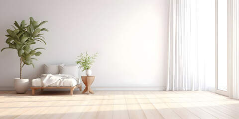 White bedroom on wooden flooring is sitting next to a wicker furniture generative ai