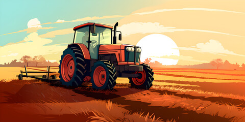 Agriculture concept background with nature landscape and tractor - obrazy, fototapety, plakaty