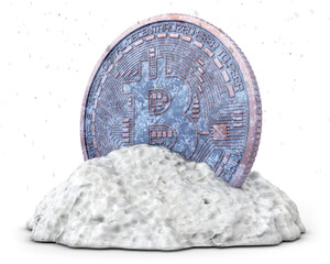 Concept of a frozen bitcoin in a pile of snow, isolated on white background, 3d illustration