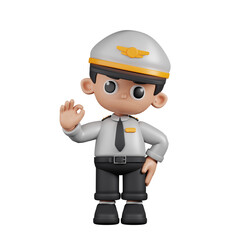 3d Character Pilot Giving Ok Sign Pose. 3d render isolated on transparent backdrop.