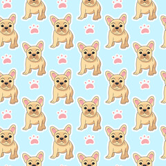 Seamless pattern of beige French bulldog babies on a blue background with paw prints