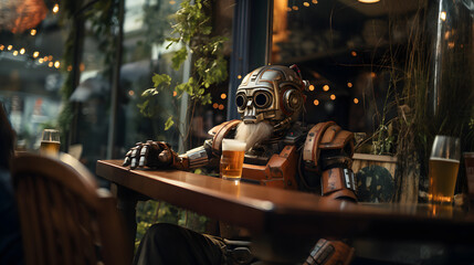 Retired bearded retro robot drinking beer.
