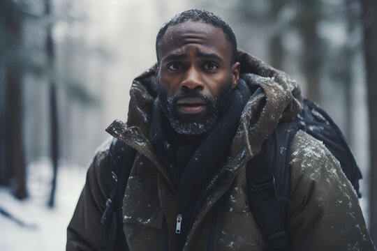 African American man lost in forest at winter evening. Neural network generated image. Not based on any actual person or scene. - Powered by Adobe