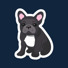 Sticker of a cute little black French bulldog puppy sitting on a dark blue background