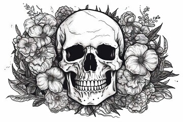 Coloring page, drawing art of skull and flowers in black and white