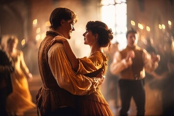 Couple dancing in ballroom in vintage costumes - obrazy, fototapety, plakaty
