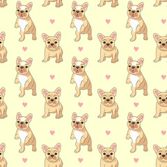 Seamless pattern of beige sitting and jumping cute baby French bulldogs on a light background with hearts