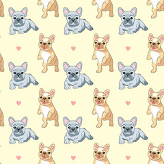 Seamless pattern of beige and gray cute French bulldog babies on a light background with hearts