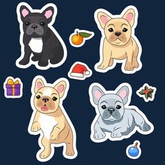 New Year sticker pack Four cute little playful French bulldog puppies on a dark blue background with Santa Claus hat, mistletoe, gift, orange and Christmas ball