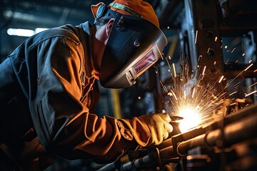 Welder welding sheet metal. Male welder wearing helmet working with welding torch in factory. Generative ai art. Working profession. - obrazy, fototapety, plakaty