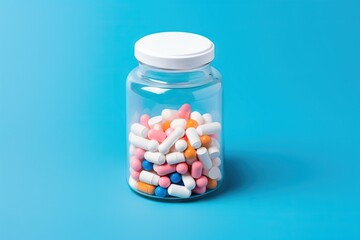 Colorful medical pills and tablets on transparent glass bottle. Medicine creative concepts. Bright blue background. Flat lay, top view with copy space