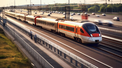 Fototapeta premium A train being faster overtaking a lot of cars stuck in traffic jam riding bumper to bumper traffic. A city with good public transportation system. Modern intercity passenger train in sunset.