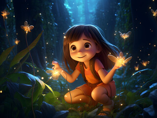 Obraz na płótnie Canvas A cartoon girl exploring fairy jungle 