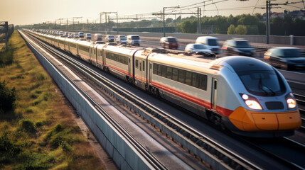 Fototapeta premium A train being faster overtaking a lot of cars stuck in traffic jam riding bumper to bumper traffic. A city with good public transportation system. Modern intercity passenger train in sunset.