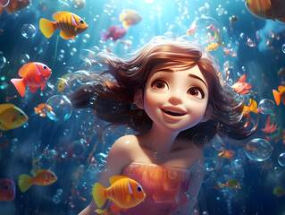 Obraz na płótnie Canvas A cartoon girl diving with fish