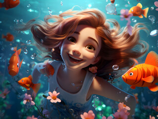 A cartoon girl diving with fish